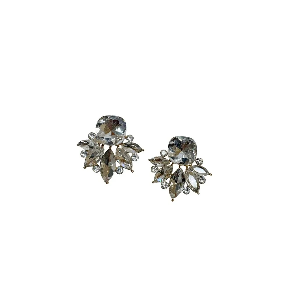 Gold Tone Clear Crystal Cluster Fan Statement Stud Earrings